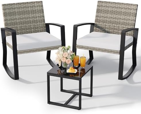 Qsun 3 Pieces Outdoor Patio Furniture Set Rocking Bistro Set, Outdoor Patio Furniture Set with Coffee Table for Garden Balcony Backyard Poolside (Light Grey Cushion) by Qsun
