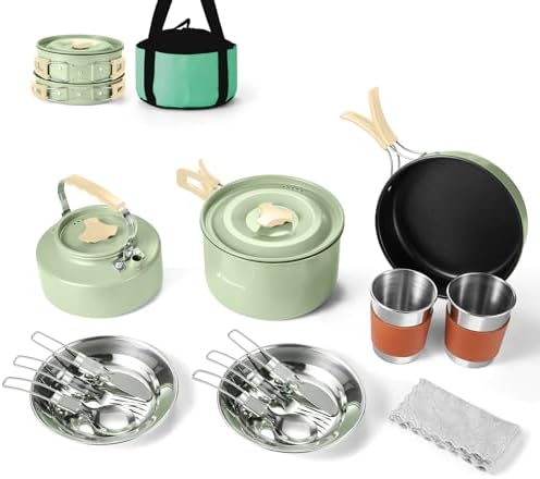 Odoland 19pcs Camping Cookware Mess Kit, Non-Stick Pot Pan Kettle Set for 2 by Odoland