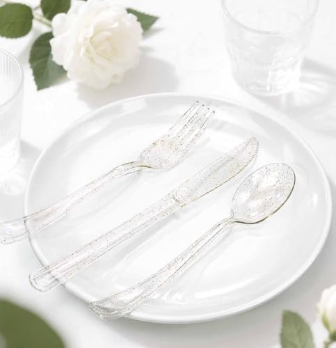 HEIPINIUYE 75 Pack Gold Glitter Plastic Cutlery Heavy Duty Clear Gold Plastic Knives Forks and Spoons Disposable Silverware Set for 25 Guest Birthday Wedding Party Disposable Utensil Set - Image 4