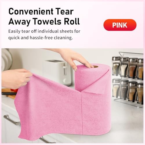 Microfiber Cleaning Cloth Roll, 75 Pack Tear Away Microfiber Towel, Reusable Washable Shop Towels, Lint Free Cleaning Rags for Car Home Kitchen Garage & Automotive 11.5"x11.5" Pink - Image 3