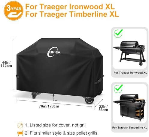 Kipiea 600D Heavy Duty Grill Cover for Traeger Ironwood XL/Timberline XL, Waterproof Wood Pellet Smoker Cover with Windproof Buckles, Pellet BBQ Grill Covers for Outside Anti-UV, No Tear, No Fading - Image 2