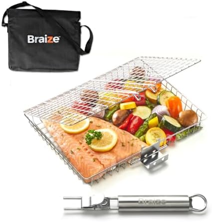 Stainless Steel Large Grill Basket with Easy Open/Close Lid and Removable Handle - 12.25 x 9.5 x 1.5 Inches - Includes Carry/Storage Bag by Braize