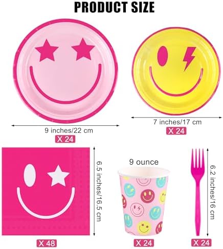 Kochorie 144 Pieces Preppy Smile Party Tableware Sets Including Disposable Plates Napkins Cups Forks Serves 24 for Smile Face Party Birthday Baby Shower Decor Party Supplies - Image 2