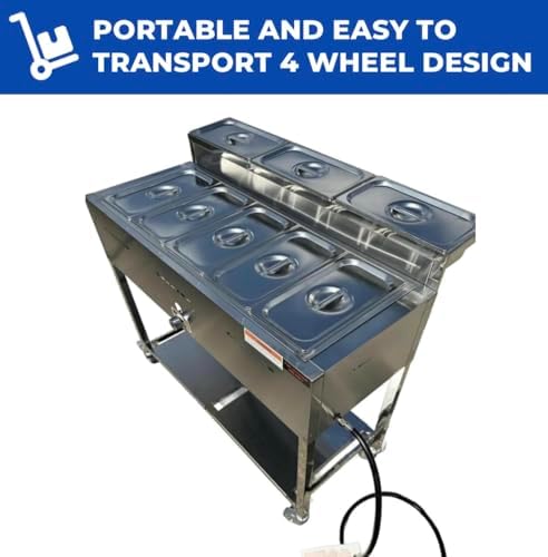 5 Pan Steam Table Food Warmer Cart | Heavy Duty Commercial Stainless Steel | Portable 4 Wheels | Outdoor Propane | 3 Condiment Containers | 8 Total Standard 1/3 Pans (12” x 6” x 4”) | CSA Approved | Catering, Home, and Backyard Use - Image 4