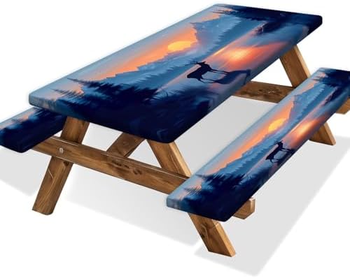 3 PCS Picnic Table Cover with Bench Covers & Storage Bag, Waterproof Fitted Camping Tablecloth with Elastic, 30x72 Inch, Sunset Mountain Lake Deer Forest Print, Indoor Outdoor Patio RV Party Table by Xguatan