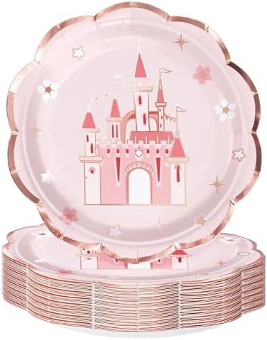 WRAPAHOLIC 25Pcs Castle Paper Plates - 9 Inch Pink Princess Castle Disposable Plates Decorative Dinner Plates for Party Tableware Supplies Table Decor by WRAPAHOLIC