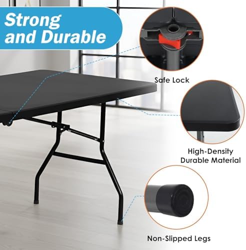 HKLGorg 8ft Folding Table, Black Plastic Foldable Party Dining Table - Image 6