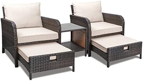 LEVELEVE Balcony Furniture 5 Piece Patio Conversation Set, PE Wicker Rattan Outdoor Lounge Chairs with Soft Cushions 2 Ottoman&Glass Table for Porch, Lawn-Brown Wicker by Enjoyyourlife