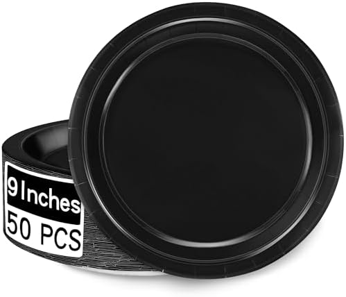 50 Pcs Paper Plates 9 Inches Black Plates, Disposable Party Tableware Set by QZYL
