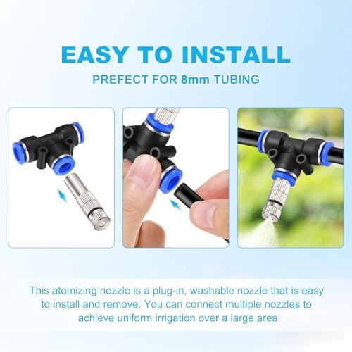 M METERXITY 5-Set Brass Misting Nozzles Tees Kit, 0.028"/0.7mm Orifice Mister Replacement Nozzles with Filter Mesh for Outdoor Cooling System/Greenhouse, Water Misting Nozzle Tees Kits - Image 5