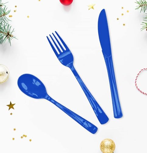 HEIPINIUYE 75 Pack Royal Blue Plastic Cutlery Heavy Duty Blue Plastic Knives Forks and Spoons Disposable Silverware Set for 25 Guest Camping Birthday Baby Shower Party Cutlery Set - Image 2