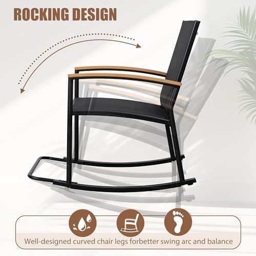 Shintenchi 3 Piece Outdoor Rocking Bistro Set, Textilene Fabric Small Patio Furniture Set, Front Porch Rocker Chairs Conversation Set with Table for Lawn, Garden, Balcony, Poolside (Black) - Image 4
