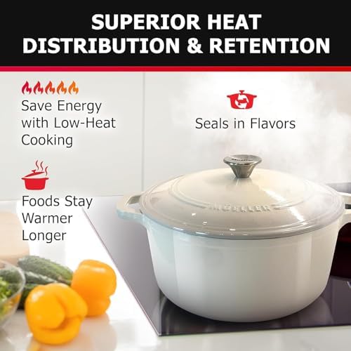 MUELLER HOME 7.5 QT Enameled Cast Iron Dutch Oven, Heavy-Duty Casserole Dish and Braiser Pan with Lid and Stainless Knob, Oven-Safe up to 500° F & Across All Cooktops, Oyster White - Image 3