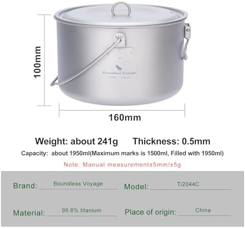 iBasingo 1950ml (65.9oz) Titanium Camping Bail Handle Pot Ti2044C - Image 2