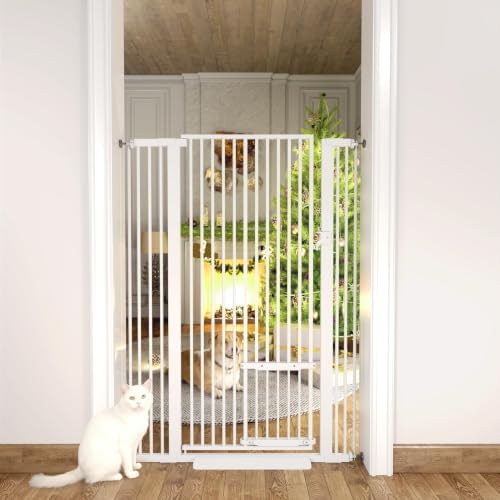 55.11" Extra Tall Cat Gate 29.5-40.6'' Wide Pet gate for Doorway Pet Gate with Cat Doors NO Drilling Pressure Mount Kit for Cats and Dogs Indoor Doorways liveing Room Bedroom-White by PamperYourPet
