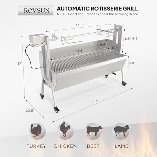 ROVSUN Rotisserie Grill Kit 46'' 176 Lbs Capacity, Electric Rotisserie Grill Pig Lamb Spit Roaster Stand w/Lockable Wheels Wind Baffle Adjustable Height, BBQ Spit Rod for Outdoor Party Camping - Image 7