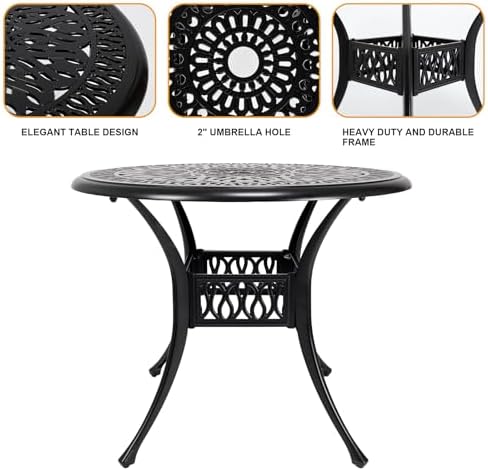 35" Outdoor Dining Table, Cast Aluminum Patio Bistro Table with 2.44" Umbrella Hole, Patio Furniture for Backyard Garden, Black - Image 4