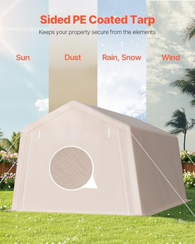 VEVOR 10 x 15 ft Outdoor Storage Shed Tent with Heavy-Duty Steel Frame, 2 Roll-Up Doors & Air Vents, Waterproof Portable Garage Carport Shelter for Motorcycle, Lawn Mower, Garden Tools, Beige - Image 3