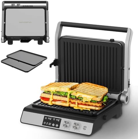 Panini Press,4 Slices Contact Grill with Removable Non-Stick Coated Grill and Flat Plates,Panini Makers with Temperature Control and Timer,Open 180 Degrees,Grill and Griddle (Silver with digital) by HOME