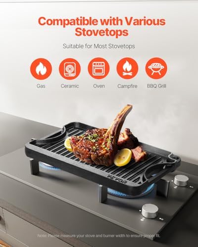 VEVOR Reversible Grill/Griddle, 14x8.5 inch Pre-Seasoned Cast Iron Griddle, Portable Rectangular Pan with Handle, Family Cookware for Indoor/Outdoor Stove Top Burner, Gas, Camping BBQ, Black - Image 3