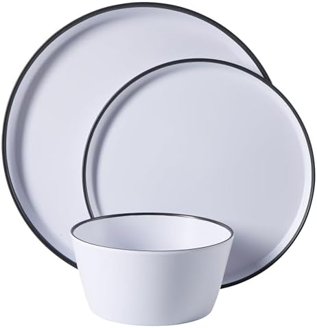 Gibson Home Folsom Shores 12 Piece Unbreakable Modern Melamine Plates and Bowls Dinnerware Set - Outdoor, Camping, & Everyday Use - White W/Black Rim - Image 5