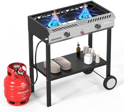 ROVSUN 2 Burner Outdoor Propane Gas Stove with Auto-ignition, Regulator & Shelf, 150,000 BTU Powerful Stand Cooker for Backyard Patio Cooking Home Brewing Canning Turkey Frying by ROVSUN