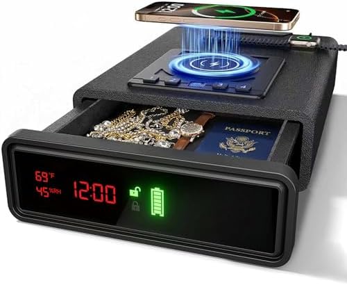 Biometric Gun Safe for Handgun with Wireless Phone & Watch Charging, Clock Pistol Safe with Fingerprint, Keypad and Key Access, Adjustable Brightness, Backlit Keypad for Home Office by VOMLOR