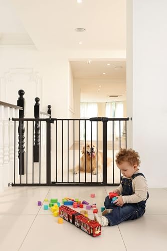 53.46"-55.63" Baby and Pet Safety Gate, 30" Tall Metal Walk-Thru Gate for Doorways & Stairs, Easy One-Hand Open, Dual Lock, Extensions & Wall Mounts Included (Brown, 29"-54" W x 30.5“H) - Image 6