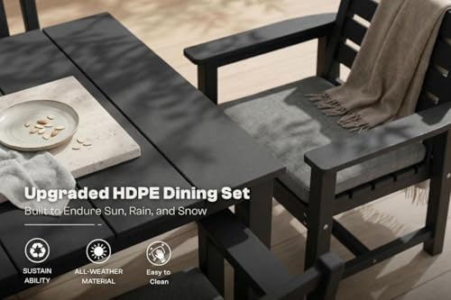 Perli™ 7-Piece Outdoor Dining Set, All-Weather HDPE Patio Furniture with 6 Ergonomic Chairs & Large Table, Built-in Umbrella Hole, UV-Resistant Set for Backyard, Deck, Poolside, Black - Image 6