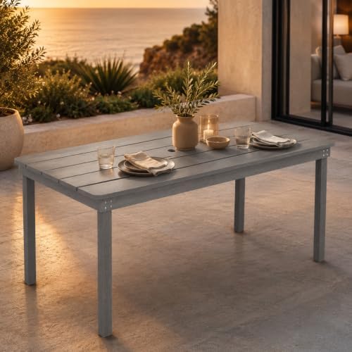 67" Rectangular Outdoor Dining Table, All-Weather HDPE Patio Table for 6-8 Person, Large Composite Wood Furniture with Umbrella Hole for Backyard Deck Garden Poolside, Gray - Image 2
