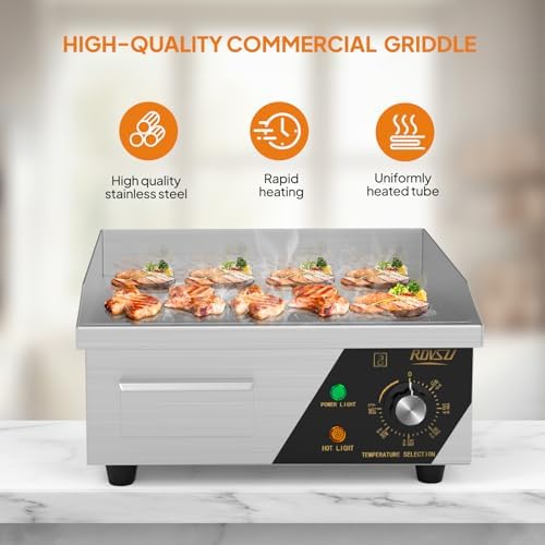 ROVSUN 14" Electric Countertop Flat Top Griddle, 1500W Electric Griddle, Teppanyaki Grill Stainless Steel with Adjustable Temperature Control 122°F-572°F for Home Restaurant Commercial - Image 3
