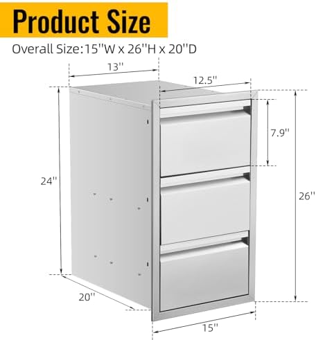 Outdoor Kitchen BBQ Drawers Stainless Steel Built-in with Handle Weatherproof Storage for Outdoor Grill Station Accessories (15''W x 26''H x 22''D) - Image 3