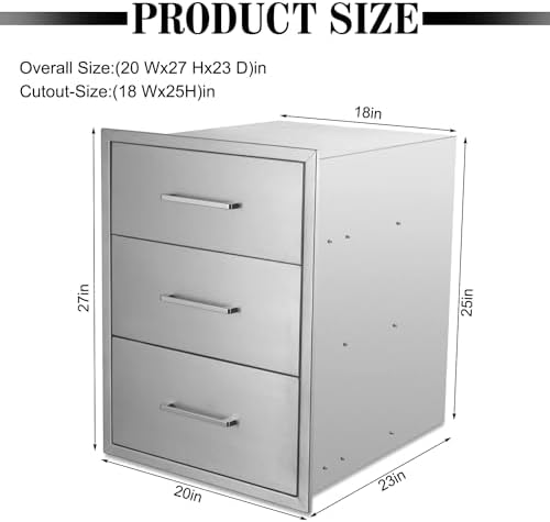 Outdoor Kitchen Drawers,20" W x 27" H x 23" D Stainless Steel BBQ Triple Drawer with Chrome Handle, Enclosed Built-in Access Drawer Flush Mount for Outdoor Kitchen,BBQ Island - Image 3
