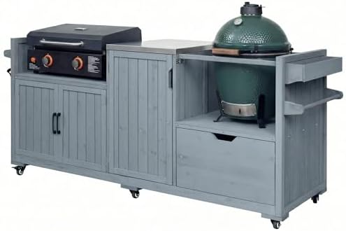 Outdoor Kitchen Island for Big Green Egg Grills, Grill Cart Table with Blackstone Griddle and Stainless Steel Top, Kitchen Storage Table with Cabinets and Drawer for 21"/28" Blackstone Griddle, Blue - Image 4