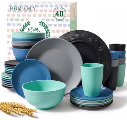Homienly 40 Piece Premium Wheat Straw Dinnerware Sets for 8 Unbreakable Plates and Bowls Sets Microwave and Dishwasher Safe Dinner Plates Set Camping, Apartment, Kids, Outdoor, RV, Party-Nightscape by HOMIENLY