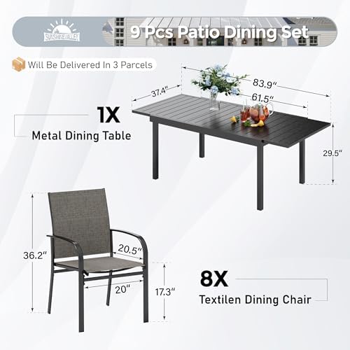 SUNSHINE VALLEY 9pc Patio Dining Set, Extendable Metal Table & 8 Chairs - Image 3