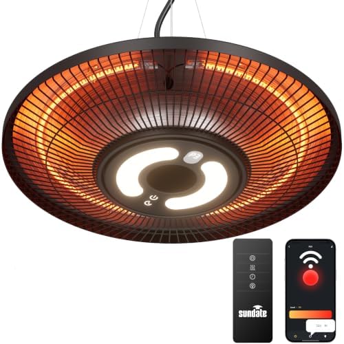 Hanging Heater,Electric Patio Heater with Light,Wifi Control, 1500W Infrared 2 Heat Levels, 24H Timers, Ceiling Mounted, 1s Heating Carbon Fiber Tube Heater for Backyard, Garage by sundate