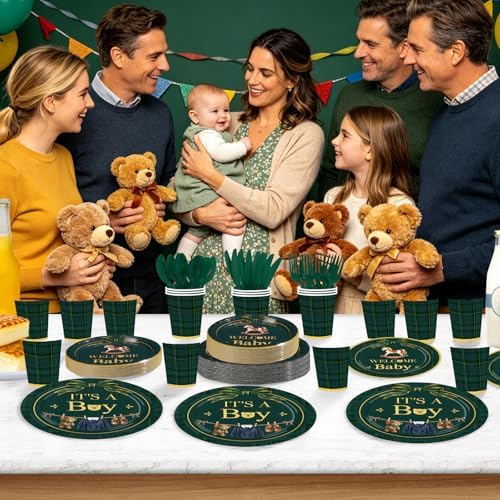 168 Pcs Tartan Plaid Bear Baby Shower Decorations, Serves 24 - Image 6