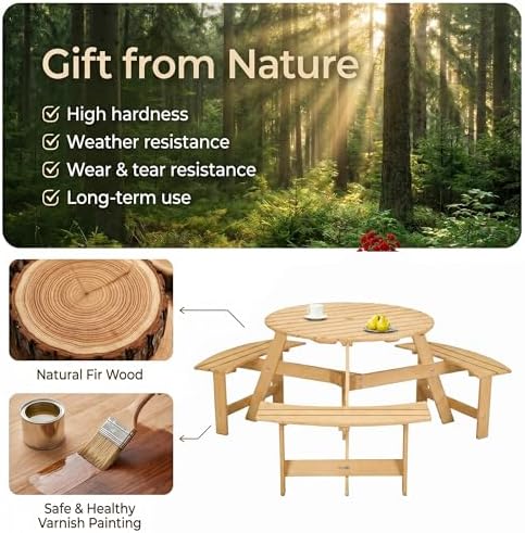 6 Person Wooden Picnic Table, Outdoor Round Picnic Table with 4 Built-in Benches, Umbrella Hole, Outside Table and Bench Set for Patio, Backyard, 500lbs Capacity Per Bench (Nature - 6 person) - Image 2