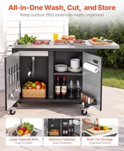 VEVOR Outdoor Grill Cart with Sink and Storage Cabinet, 52 Inch Grill Table, Waterproof Kitchen Island with Stainless Steel Top, Spice Rack, Wheel, Movable Food Prep Station for Patio Bar Backyard BBQ - Image 3