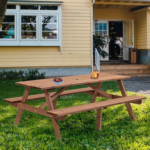 75'' Rectangular Outdoor Dining Table Wooden Patio Dining Table & 2 Built-in Bench for 8, 2" Umbrella Hole, Suitable for Backyard Garden Porch, Brown by JJKFurniture-kevinplus