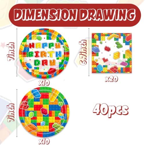 40pcs Building Block Party Supplies,Colorful Building Block Party Decoration Supplies,Used for Building Block Party Decoration,Include 20pcs 7inch dinner plates, 20 Napkin (red) - Image 2