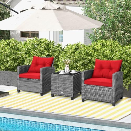 Tangkula 3 Pieces Patio Furniture Set, Outdoor PE Rattan Conversation Chair Set with Tempered Glass Side Table and Removable Cushions, PE Wicker Chairs and Table Set for Porch, Balcony and Garden - Image 2