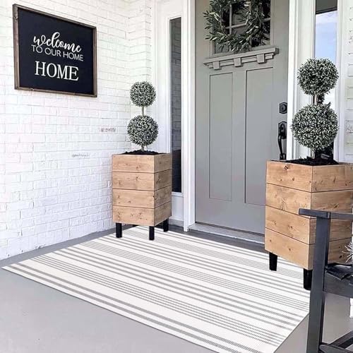 3'x 5'Outdoor Rug,Grey and White Striped Front Porch Mat Indoor Area Rug - Image 4