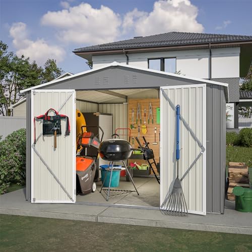 YOPTO 10x10 FT Outdoor Storage Shed,Metal Shed W/Updated Frame Structure & Lockable Door,Garden Tool House W/Air Vent & Sloped Roof,for Backyard,Patio,Lawn,Grey - Image 4