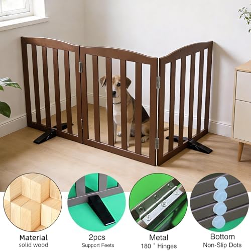 Freestanding Dog Gate Indoor,Doggie Gate Foldable Pet Gates for Doorways,Stairs or Hallways, Wooden Brown Pet Gate for the House, Pet Fence with Support Feet Included,24 "Height-3 Panels - Image 5