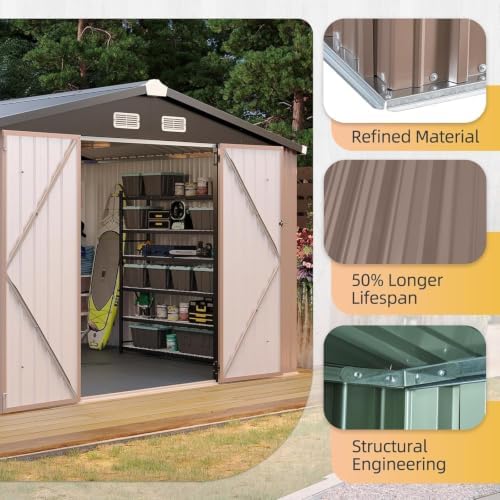 Aoxun 10x8FT Shed with Floor Galvanized Steel Outdoor Storage Shed (Brown) - Image 6
