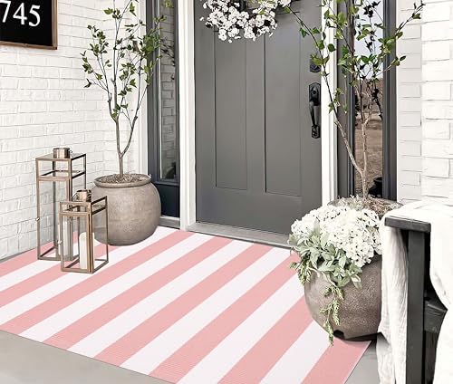 BUAGETUP Washable Outdoor Rug 3'x 5'Pink and White Striped Area Rug by BUAGETUP