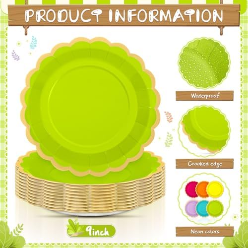 96 Pcs Sage Paper Plates 9 Inch Scalloped Neon Colorful - Image 4