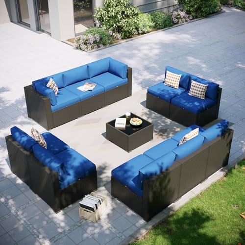 Aoxun Patio Furniture Set, 11 Piece Outdoor Sectional Sofas with Waterproof Cover, 10 Seats Wicker Rattan Outdoor Furniture Patio Conversation Set for Backyard, Garden Navy Blue by Aoxun